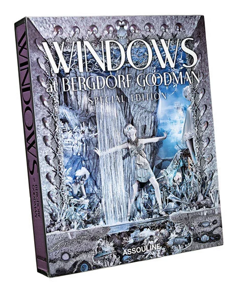 Bookcover that has a window display with a silver scene with a waterfall, figures, fashion and a sky. The title is Windows at Bergdorf Goodman.
