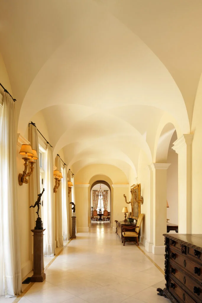 A groin-vaulted ceiling in a long hallway in a home in Beverly Hills. The ceiling was inspired by old Tuscan villas.